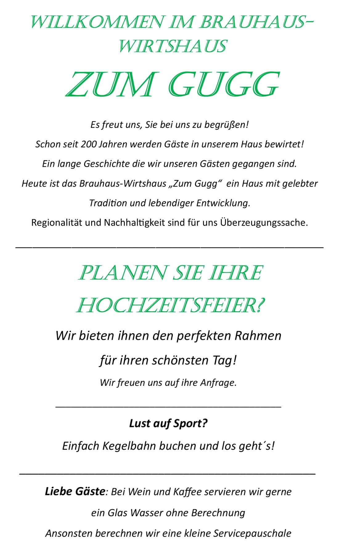 Speisekarte Seite 1: Willkommen, Hochzeitsfeiern, Kegelbahn und Hinweise für Gäste